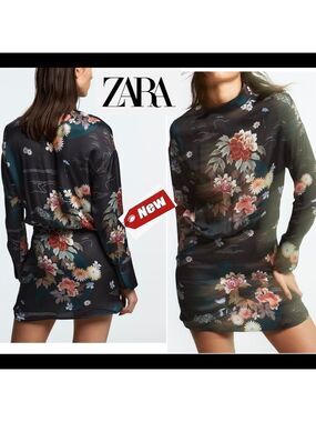 Zara Black long sleeve floral Camila minidress Sz XS NWT